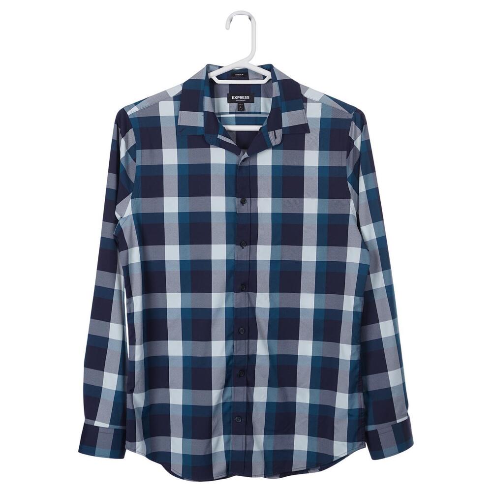 Express Shirt Men L Blue Plaid Extra Slim Nylon Stretch Performance Button Up